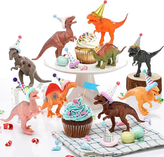 18 Pcs Dinosaur Birthday Party Decorations Mini Birthday Hat Animal Figure Model Cake Toppers with Mini Hat for Wild Animals Themed Party Birthday Party
