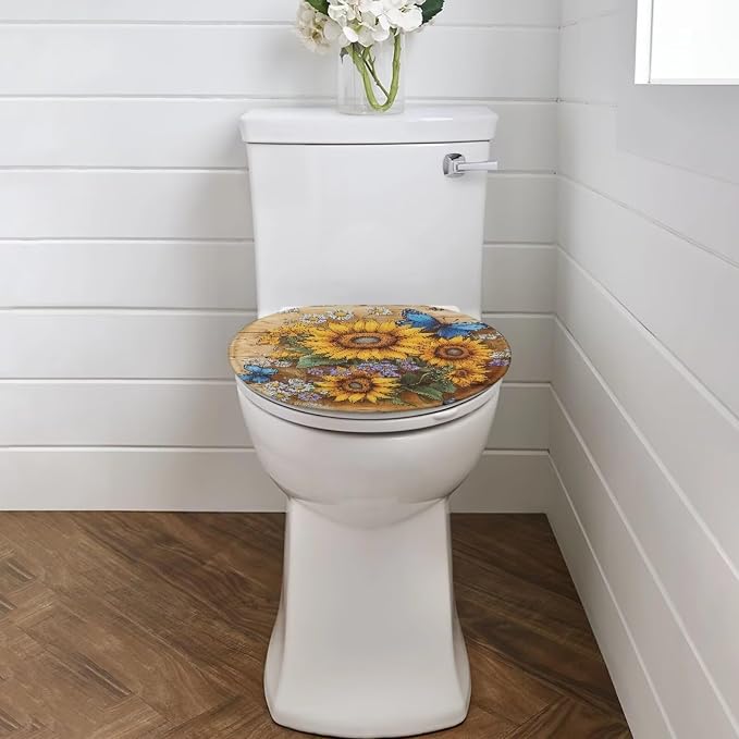 Sunflower Toilet Lid Cover Set with Elastic Band Blue Butterfly Toilet Seat Cushion Cover Replacement for Bathroom Decor Machine Washable Polyester Fabric Bathroom Covers