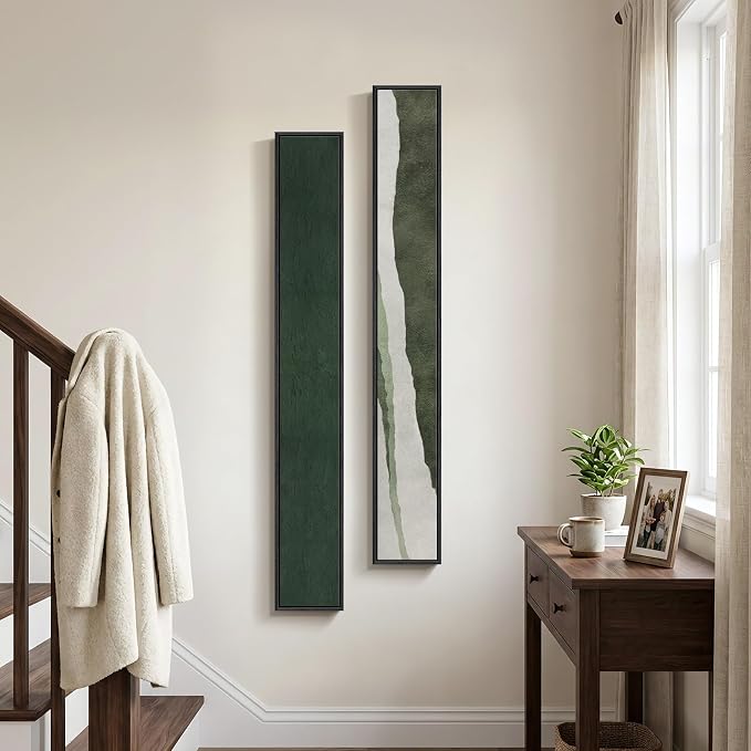 Framed Green White Vertical Abstract Wall Art Decor for Hallway, 2 Piece | Long narrow, Canvas prints, Abstract pictures, Green white, Vertical, Minimalist artwork, Living room, Entryway wall decor
