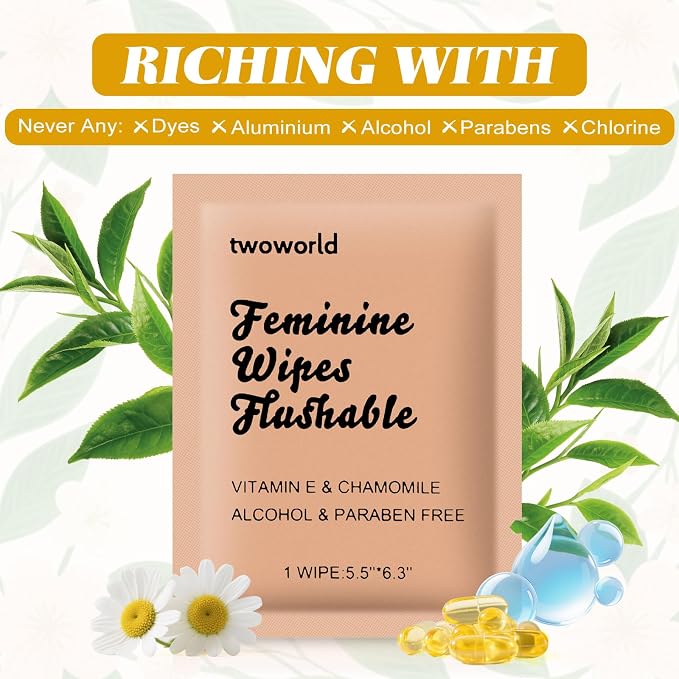 twoworld 50 Feminine Wipes Individually Wrapped,Flushable Wipes Travel | Feminine Care Vaginal Wipes for Adult,Women,Girl and Homeless (Chamomile)