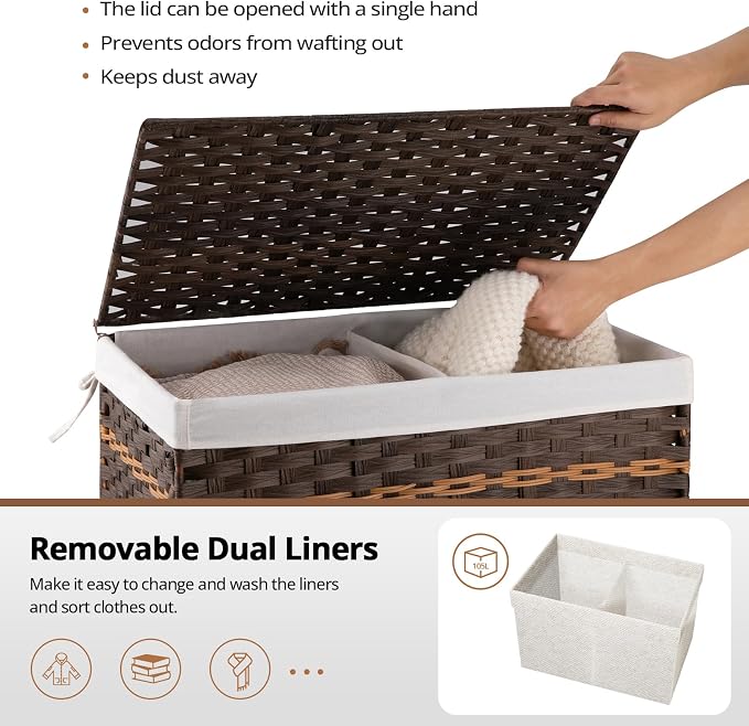 OIAHOMY Storage Basket with Lid, 27.7 Gallon (105L) Blanket Basket with Removable Liner Bag, Synthetic Wicker Hamper with Handle, Hamper for Living Room, Brown