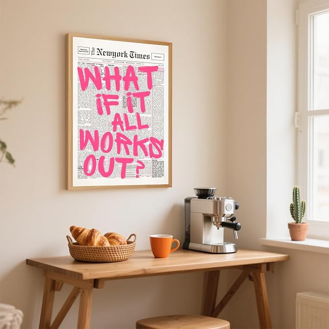 What If It All Works Out Poster Retro Newspaper Pink Wall Art Positive Affirmation Quote Minimalist Canvas Painting Prints Wall Decor Aesthetic for Home Bedroom Office 12x18inch Wooden Framed
