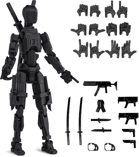 Pre-Assembly 3D Printed 5.54'' Dummy13 Action Figure, Multi-Jointed Tian13, Articulated T13 Desktop Decoration,12 in 1 Accessories, Best Birthday Festival Gift (Black+Black)