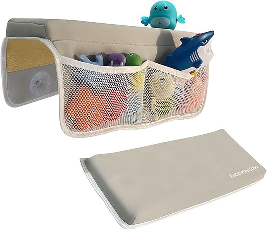 Comfortable Bath Kneeler and Elbow Rest Pad Set- Thick Non-Slip Memory Foam Bath Mat Set,Quick Dry Baby Bathtub Cushion with Storage Toy Organizer Pockets