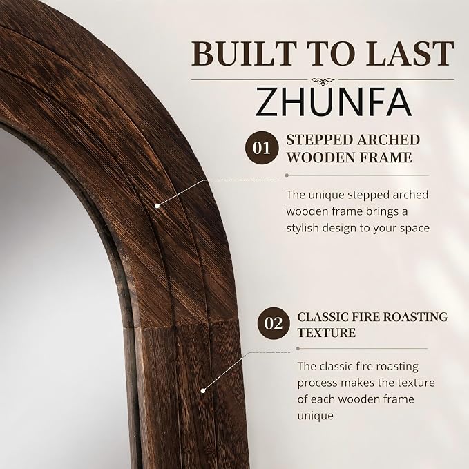 ZHUNFA Arched Full Length Mirror with Solid Wood Frame, 65x22, Brown | Farmhouse Wall Mounted Floor Mirror with Stand, Vertical Hanging, Leaning Standing for Bedroom, Living Room