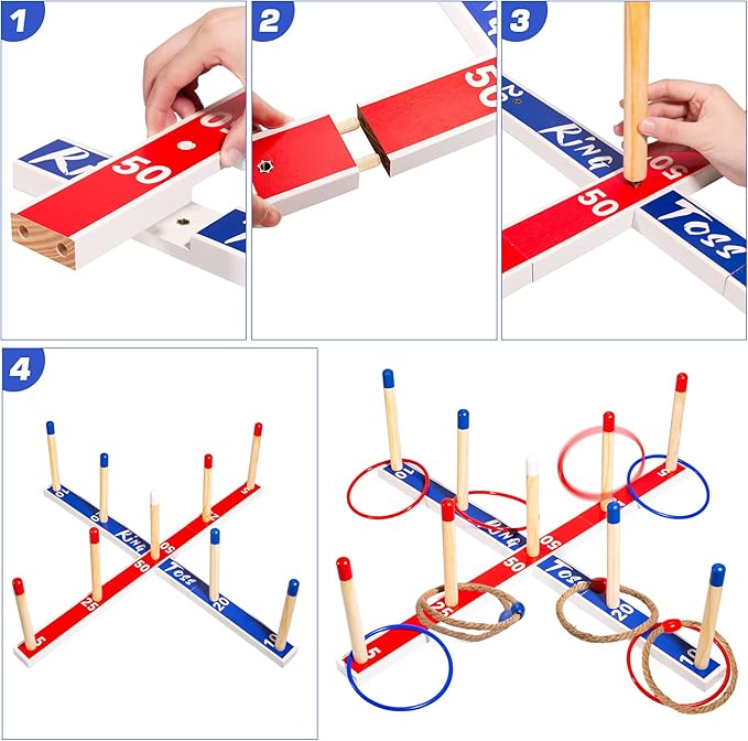Indoor Outdoor Toys Games Upgraded Large Wooden Ring Toss Game Yard Games for Kids, Lawn Outdoor Games for Family with 10 Plastic Ring and 10 Ropes,1 Carry Bag