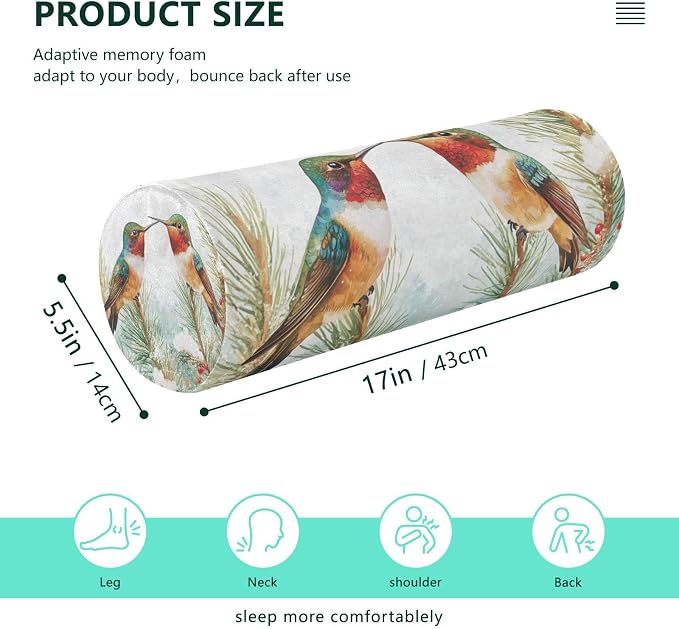 Cartoon Hummingbirds and Pine Tree Neck Roll Pillow Bolster Round Health Memory Foam Long Cervical Cylinder Pillows with Removable Washable Cover for Body Bed Legs Back Yoga