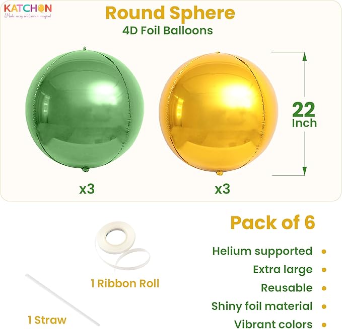 KatchOn, Sage Green and Gold Foil Balloons – 22 Inch, Pack of 6 | Mylar Balloons for Graduation Decorations 2026, Birthday, Engagement, Bridal Shower | Green and Gold Graduation Party Decorations