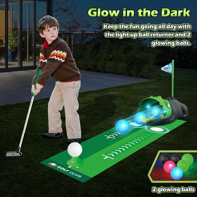 Upgraded Kids Toy Golf Set with Dinosaur Automatic Golf Returner, Led Light Up Night Golf Balls, 3 Clubs, Putting Mat, 3-8 Toddler Mini Golf Games, Indoor Outdoor Sports Toys for Boys Girls