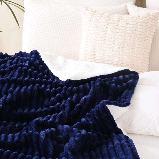 Navy Blue Sherpa Fleece Throw Blanket 60”×80”for Couch Sofa Bed | Double Side Soft Fuzzy Cozy Plush Thick Flannel Blanket with Striped Design Gift for Adults,Woman