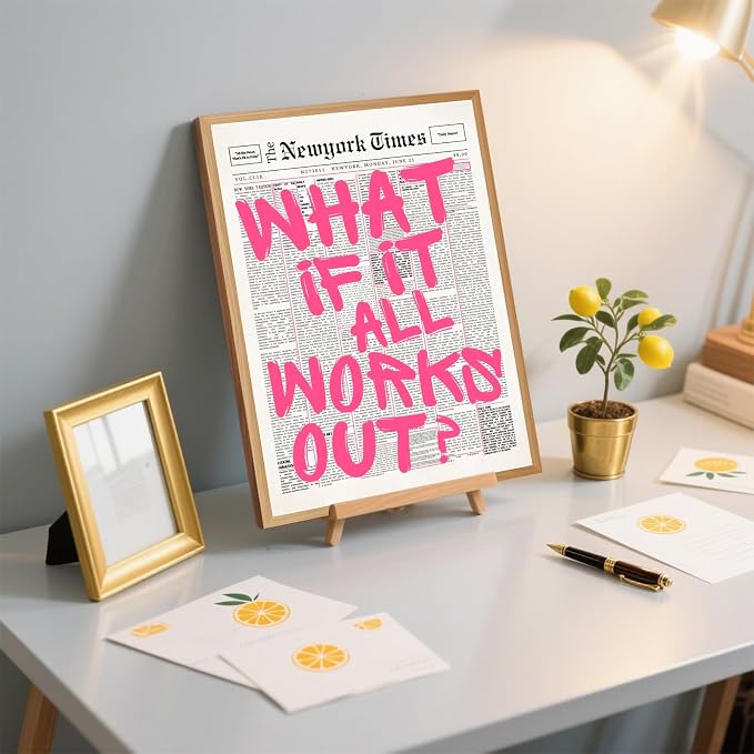 What If It All Works Out Poster Retro Newspaper Pink Wall Art Positive Affirmation Quote Minimalist Canvas Painting Prints Wall Decor Aesthetic for Home Bedroom Office 12x18inch Wooden Framed
