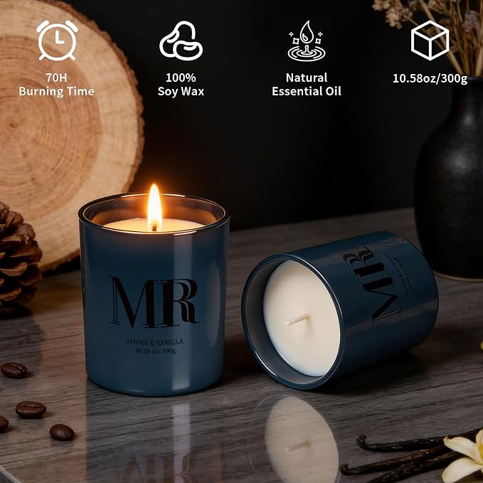 Candles for Men, Smoke & Vanilla Masculine Scented Candle, 10.58oz Natural Soy Wax Candle, 70 Hour Burn Time, Birthday Gifts for Men, Husband, Boyfriend, Dad, Home Fragrance Decor