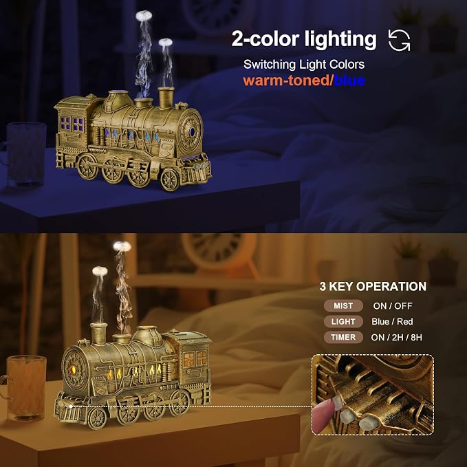 Train Diffuser 300ml, Aromatherapy Diffuser Cool Mist Ultrasonic Aroma Train Diffuser with Remote Control 2 Light 2 Mist Mode Auto Shut-Off for Bedroom Office Hotel(Bronze)