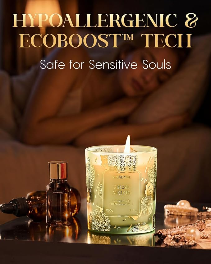 M&SENSE Fresh Melon Soy Candle, 8.1oz Gilded Glass Summer Refresh | 42H Long Lasting, Gilded Glass, Fresh Home Fragrance, Sensitive-Safe, Warmer Lamp Use, Reusable Jar