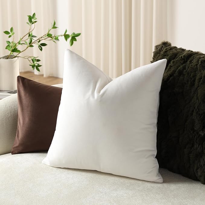 Euro Sham Covers 24x24 Ivory White: Pack of 2 Cozy Soft Velvet Square Modern Luxury Decorative Throw Pillow Cases for Sofa Couch Living Room Bed Home Decor