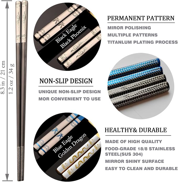 Metal Chopsticks Reusable,Stainless Steel,Titanium Plated,Black Phoenix 1PC | Portable Chop Stick with Case,Good for Beginners,Non-slip,Lightweight,Good for travel,snack,Chinese, Korean,Japanese Cuisines