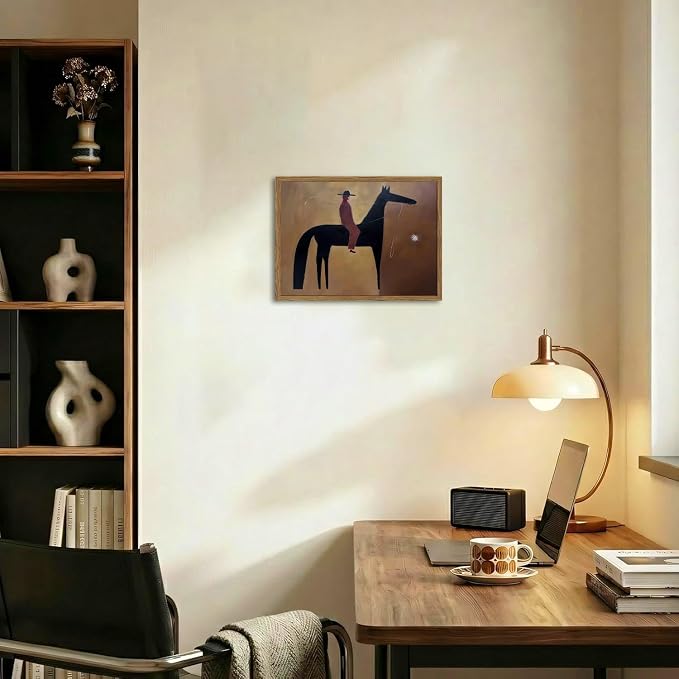 Vintage Western Cowboy Wall Art Abstract Southwestern Horse Wall Decor Painting, Mid Century Cowboy Poster Canvas Print Picture for Living Room Bedroom 12x16 inch Wood Framed