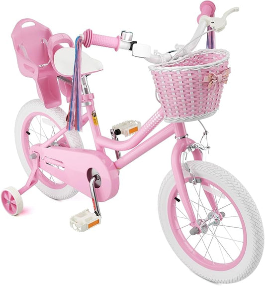 KORIMEFA Girls Bike for Ages 2-8 Years Toddler Kids with Doll Seat, 12 14 16 Inch Bicycle with Training Wheels, Little Small Princess Bicycle with Basket& Streamers, Girls Pedal Bike