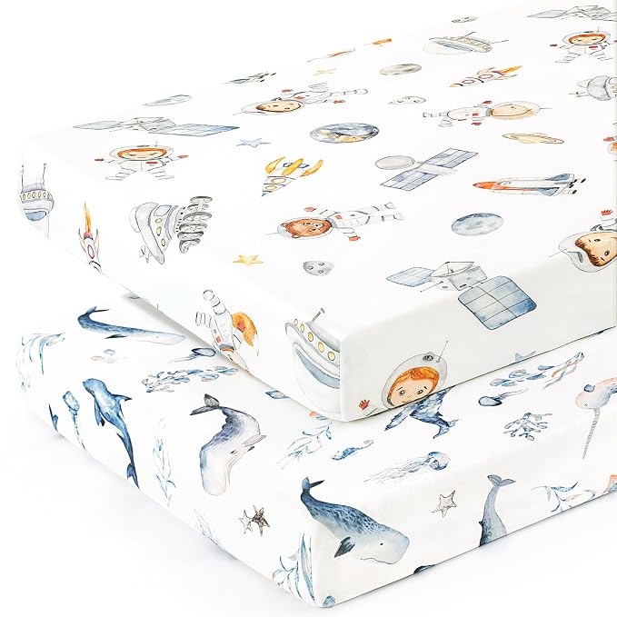 GRSSDER Stretchy Ultra Soft Jersey Knit Pack and Play Sheets 2 Pack, Portable/Mini Crib Sheets Universal Fitted for Playpen Mattress Safe and Snug, Cute Sea Fish & Space Print