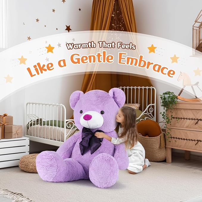 MorisMos Bow Tie Giant Teddy Bear 4 Feet, 47inch Big Lavender Teddy Bear Stuffed Animal Plush for Girlfriend, Boyfriend, Purple
