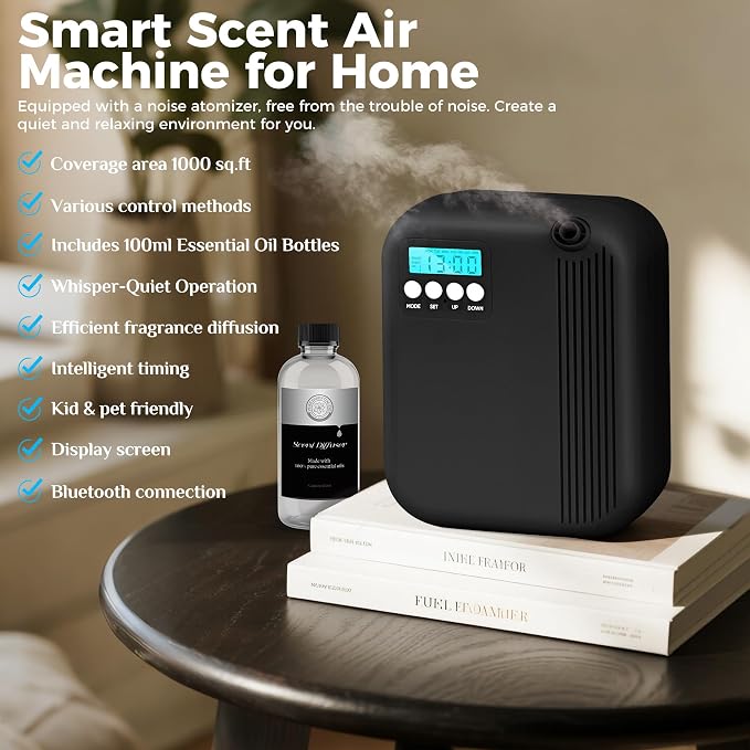 Hotel Collection Diffuser, House Scent Machine, 10000 Sq.Ft of Coverage, 200ml Large Capacity Aromatherapy Machine, Scent Diffusers for Home Large Room, Office Waterless Essential Oil Diffuser, Black