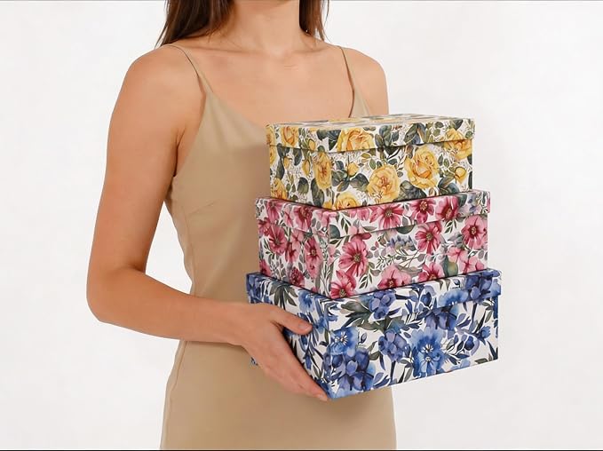 3-Piece Decorative Storage Boxes with Lids, Watercolor Floral Design Inspired by Garden Blooms, Cardboard Keepsake Box Set, Photo & Memory Storage for Home Decor and Modern Organization