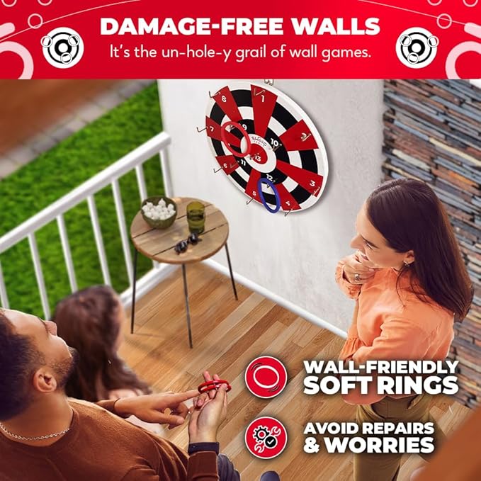 Swooc Games® ‒ Hook Darts Ring Toss Game ‒ Wood Board & Soft Rings ‒ 20+ Games Included for Kids & Adults ‒ Wall Mounted Ring and Hook ‒ Indoor & Outdoor Wall Decor for Game Room, Patio, Garage, Yard