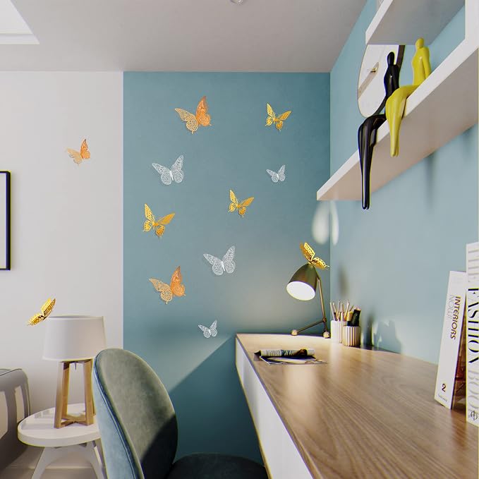SAOROPEB 3D Butterfly Wall Decor, 72 Pcs 3 Styles 3 Sizes, Removable Metallic Wall Decor Sticker Room Mural Decals for Kids Bedroom Nursery Classroom Party Decoration Wedding Decor DIY Gift (3 Color) | 3 Styles 3 Sizes, Removable Wall Decor Sticker Roo...