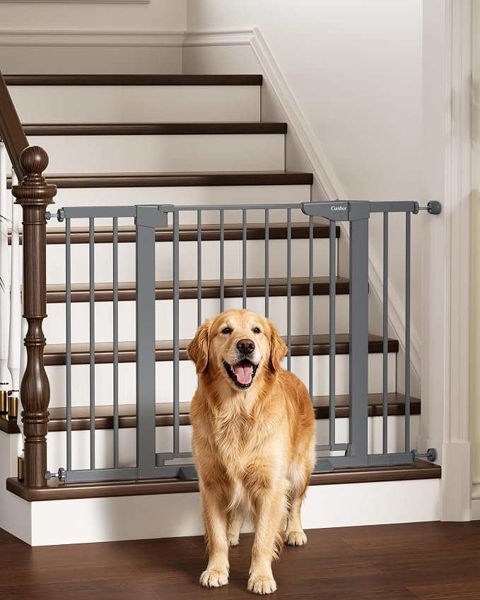 Cumbor 30-46" Baby Gate for Stairs, Auto-Close Dog Gate Indoor, Mom's Choice Awards Winner-Easy Install Pressure Mounted Pet Gates for Doorways, Dual Lock Safety Proofing for Babies & Pets, Cool Gray