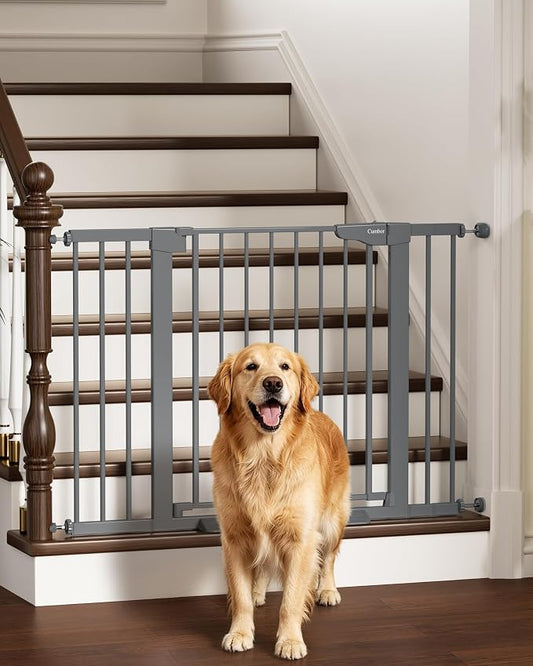 Cumbor 30-46" Baby Gate for Stairs, Auto-Close Dog Gate Indoor, Mom's Choice Awards Winner-Easy Install Pressure Mounted Pet Gates for Doorways, Dual Lock Safety Proofing for Babies & Pets, Cool Gray