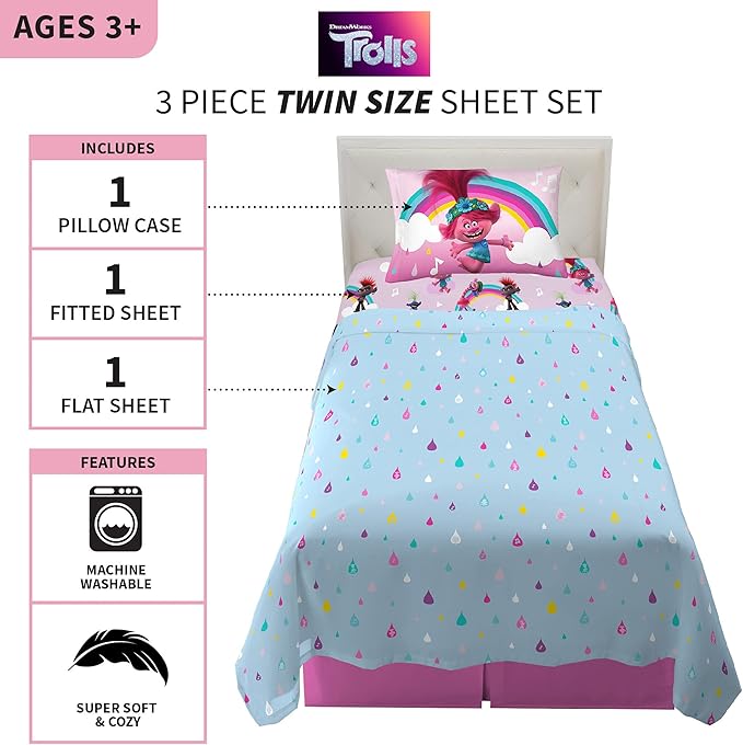 Franco Kids Bedding Super Soft Sheet Set, Twin, Trolls World Tour