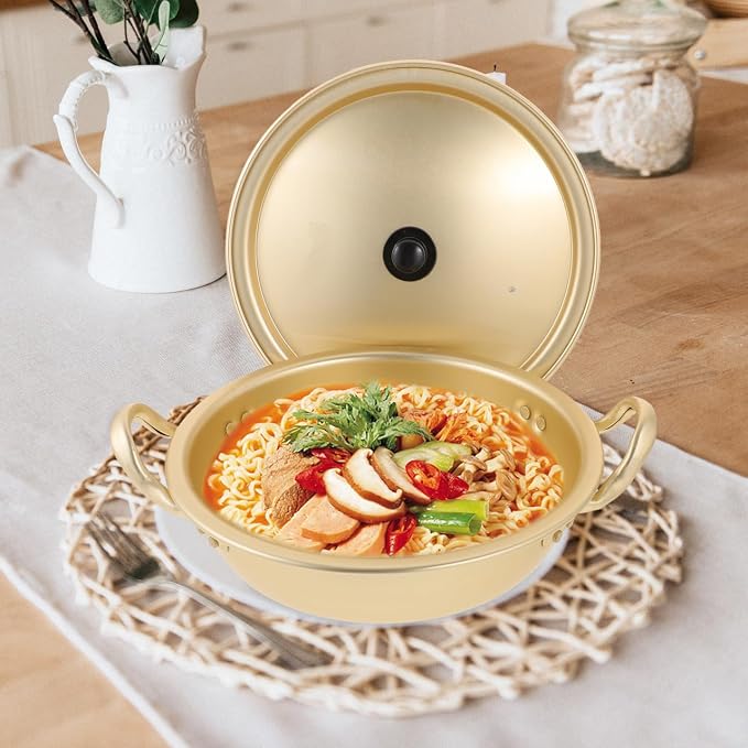 Luxshiny Korean Ramen Pot Lightweight Aluminum Noodle Cooker with Lid Double Handles Fast Heating Camping Cookware 9.44X9.44X2.75In