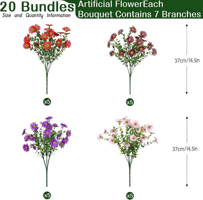 Alupssuc 20 Bundles Artificial Daisies Flowers Fake Plant for Indoor Outdoor Decor, Faux Spring Flowers for Garden, Porch & Patio Decoration,RedPurpleBrownPink