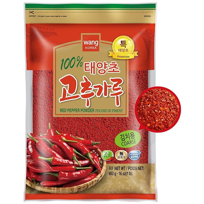 Wang Sun-Dried Coarse Gochugaru for Kimchi | Red Pepper Flakes, Chilli Powder, 1 Pound
