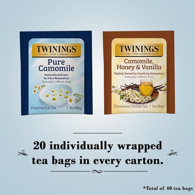 Twinings Camomile Herbal Tea Bag Variety 2-Pack – Pure + Honey & Vanilla Naturally Caffeine-Free Teas, 20 Count Each