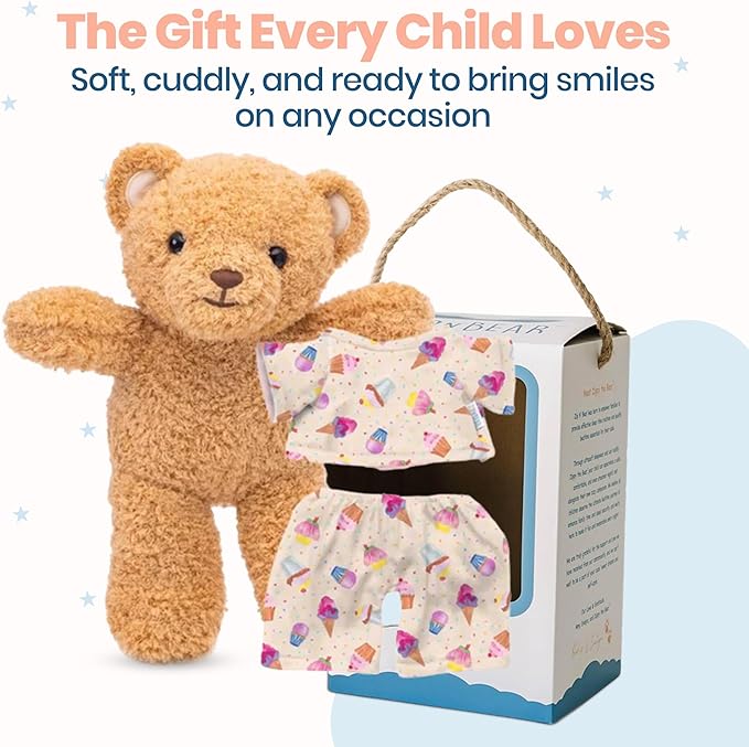 Zip N' Bear Soft Plush Teddy Bear Stuffed Animal with Cup Cake Pajamas - Zippy The Bear Cute Cuddly Plush Toy, Perfect Sensory Teddy for Kids, Toddlers - Adorable Gift & Bedtime Companion