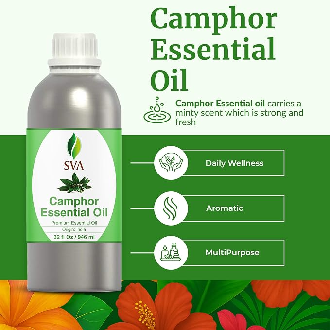 SVA Camphor Essential Oil 32 Fl Oz – for Diffuser, Skin & Hair Care – Ideal for Massage & DIY Blends