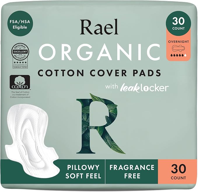 Rael Pads for Women, Organic Cotton Cover - Period Pads with Wings, Feminine Care, Sanitary Napkins, Heavy Absorbency, Unscented, Ultra Thin (Overnight, 30 Count)