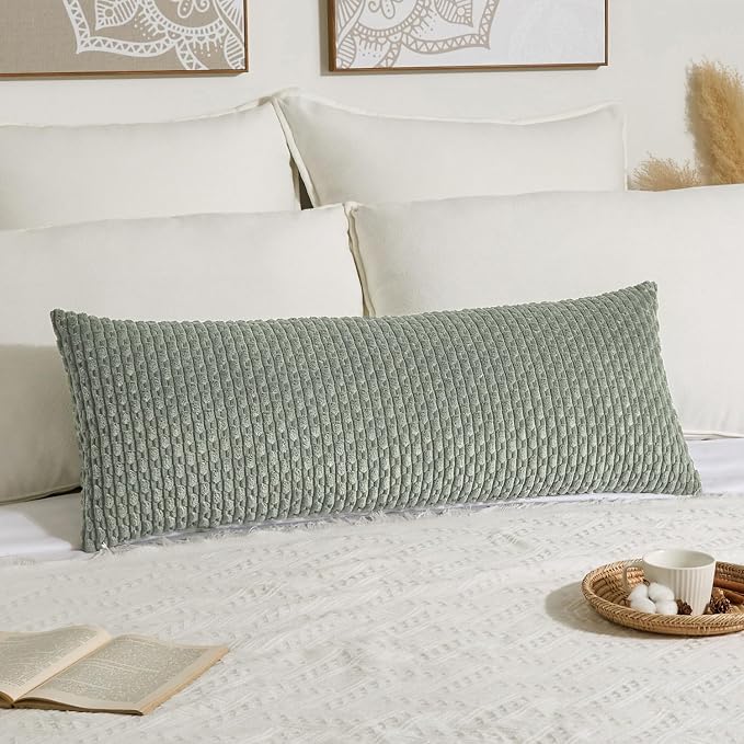 Kevin Textile Soft Corduroy 14"x36" Lumbar Pillow Cover 1 Pack, Grey Green | Boho Stripe Plush Corduroy Decorative Oblong Cushion Cover Modern Farmhouse Home Decor for Sofa Couch Bed Chair