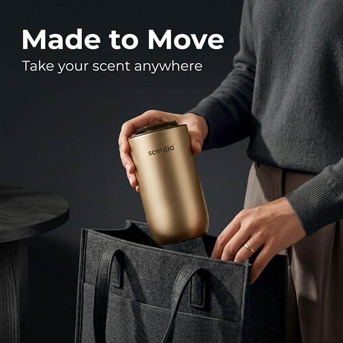 Scentia MiniPod Gold Waterless Diffuser for Essential Oil, Smart Car Air & Home Freshener with 3 Mist Levels & LED Light, Auto On/Off Rechargeable, Portable Scent Air Machine