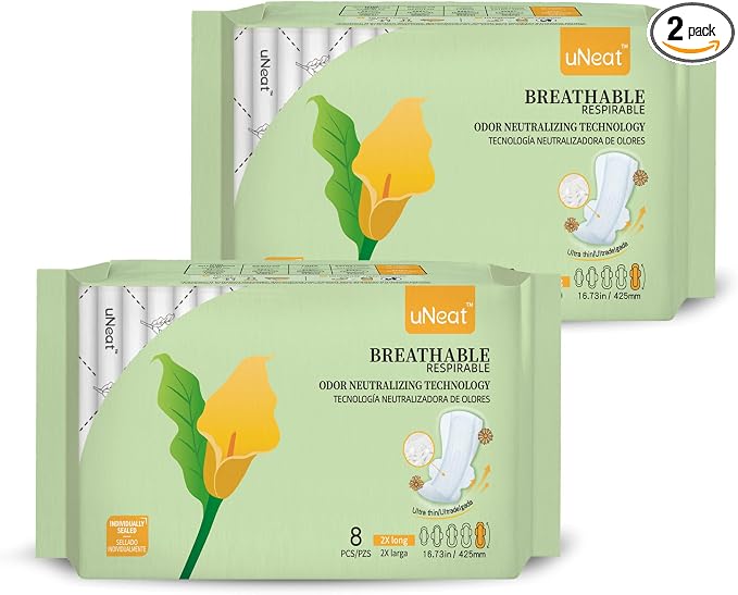 uNeat 2X Long with Wings Ultra Thin Sanitary Pads, Unscented, Eliminates Odor, Heavy Absorbency, Overnight, Individually Sealed (2X Long, 8 Count/Pack,2-Pack)