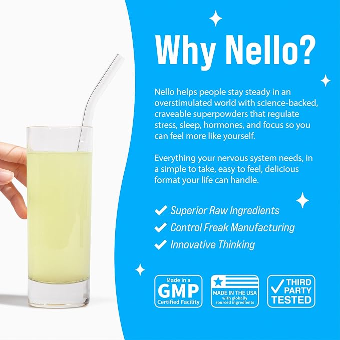 Nello Supercalm Powdered Drink Mix, Cortisol Reducer* and Sleep Aid Supplement, L Theanine, Ksm-66 Ashwagandha, Magnesium Glycinate, Vitamin D 3, No Sugar, Non GMO, On The Go, 20 Ct, Lemon Lime