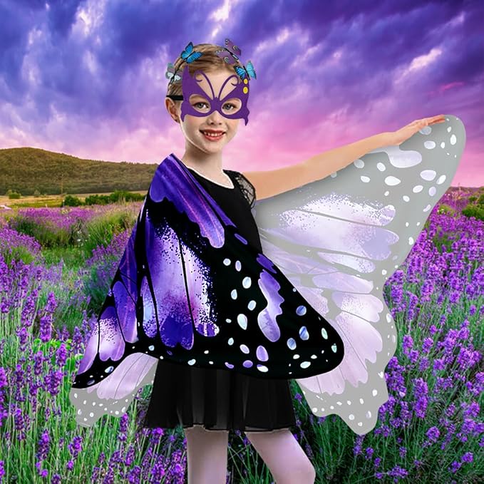 Kids Butterfly Wings Costume for Girls Fairy-Wings Mask Party Favors Gifts (Purple sets)
