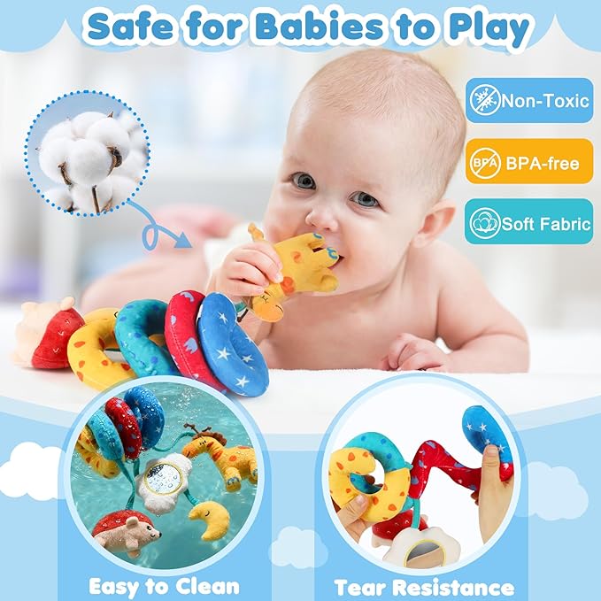 URMYWO Car Seat Toys for Babies 0-6 Months, Hanging Toy Fits Stroller, Sensory Baby Toy with Bell Crinkle Mirror, Baby Travel Gear Shower Gift for Boys Girls, Valentines Gifts Easter Basket Stuffers