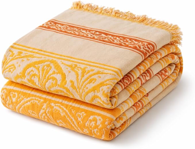 100% Cotton Boho Throw Blanket for Home Decor – Classic Farmhouse Quilt Bedding, Muslin Blankets for Adults, Vintage Woven Decorative Blanket for Couch, Bed Layering Use, Bohemian Stripe, 60"x80"