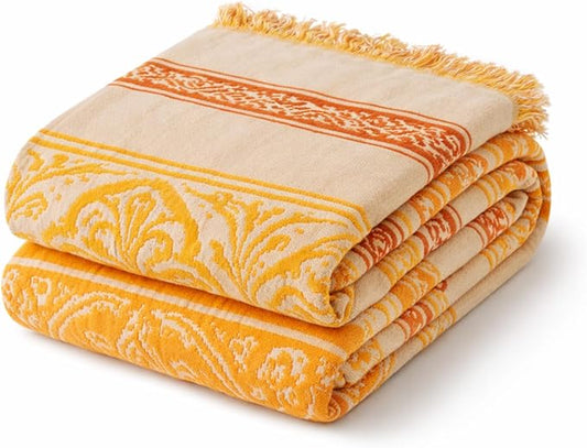 100% Cotton Boho Throw Blanket for Home Decor – Classic Farmhouse Quilt Bedding, Muslin Blankets for Adults, Vintage Woven Decorative Blanket for Couch, Bed Layering Use, Bohemian Stripe, 104"x90"