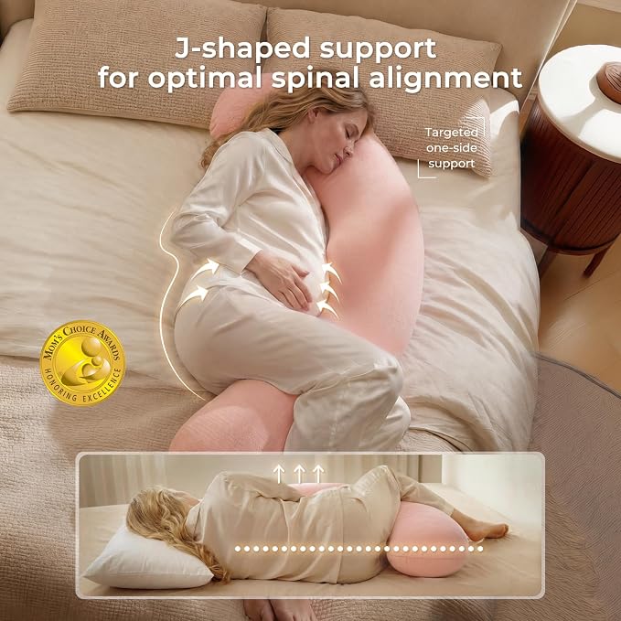 Momcozy Pregnancy Pillows for Side Sleeping, J Shaped Maternity Body Pillow for Pregnancy, Soft Pregnancy Pillow with Cotton Cover for Head Neck Belly Support, Pink