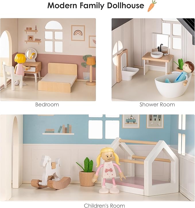 Wooden Dollhouse for Kids, 6-Room Modern Style Toy Doll House Playset with 26 Furniture & Functional Doors, 1:12 Scale Open Plan Dollhouse Designed for 4-6 Inch Dolls, STEM Creative Gift for Ages 3+
