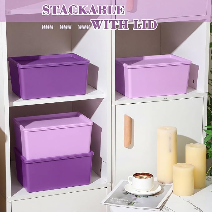 4 Pcs Storage Bins with Lids Plastic Stackable Containers for Classroom Room Organizing Shelves Christmas Ornament Box Baskets(Dark Purple, Light Purple,Small)