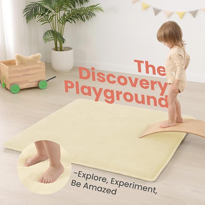 Huloo Sleep Baby Play Mat for Floor,1.3" Thick Elasti-Foam 50"×50" Playpen Mat for Tummy Time,Water Repellent Soft Coral Velvet for Toddler,Infant,Kids,Non-Slip Backing Safe for Crawling(Vanilla)